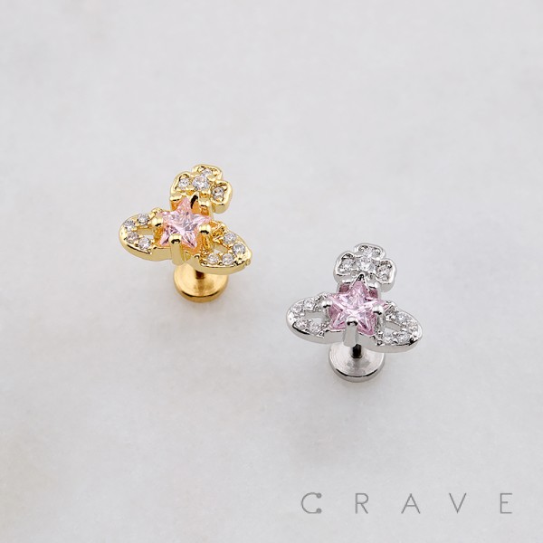 CZ CLOVER STAR GLAMOUR THREADLESS (PUSH IN) 316L SURGICAL STEEL LABRET SET